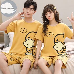 여름 니트 코 튼 만화 오리 인쇄 잠 옷 파자마 커플 짧은 정장 젊은 연인 잠 옷 4XL Homewear 패션