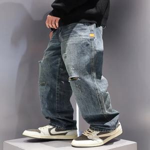 남성용 헐렁한 찢어진 청바지 패션 힙합 홀 streetwear 악세사리 워시 바지 스트레이트 루즈 아메리칸 데님 바지