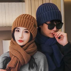 2Pcs 세트 유행 방풍 니트 모자 스카프 두꺼운 플러시 남자 모자 부드러운 간단한 따뜻한 스카프 겨울 가을