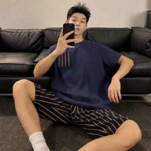고품질 코튼 대형 남성 잠옷 오-넥 청소년 학생 Nightwear Homewear 간단한 편지 줄무늬 잠옷 Loungewear