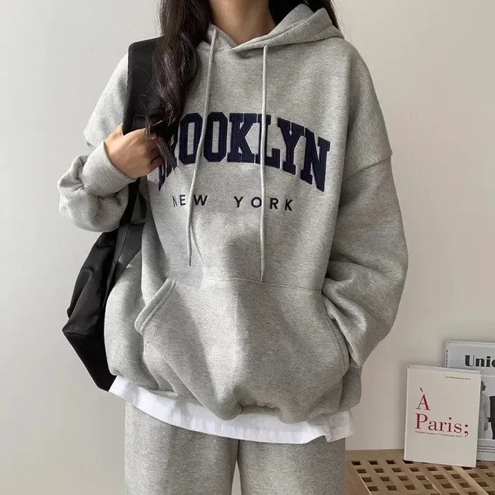 아메리칸 스타일 인쇄 된 편지 후드 티셔츠 여성의 느슨한 맞는 두꺼운 양털 안감 국경 의류
