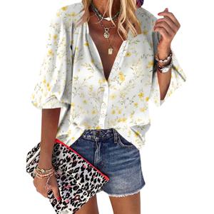 Womens Summer Ditsy 플로랄 패턴 블라우스 캐주얼 반소매 V 넥 셔츠 루즈 프린트 커프 슬리브 플라워 튜닉 탑