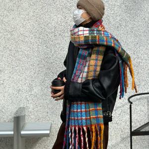 빈티지 다채로운 격자 무늬 캐시미어 술 스카프 두꺼운 따뜻한 겨울 캐주얼 한국 스카프 목도리 Pashmina 모헤어 스카프 여성 남성을위한