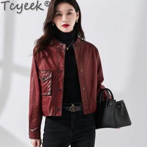 Tcyek 여성용 리얼 가죽 재킷, 오일 왁스 소가죽 코트, 2024 루즈핏 자케타 여성, 가을 의류