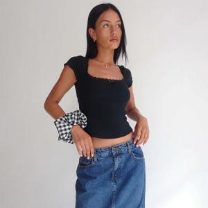 Y2k 빈티지 베이비 티 코티지 레이스 트림 니트 티셔츠 여름 스퀘어 넥 반팔 티셔츠 여성 화이트 밀크 들러리 자르기 탑