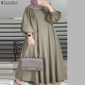 ZANZEA 가을 Sundress 여성 이슬람 Abaya 드레스 Hijab 드레스 우아한 긴 랜턴 슬리브 맥시 가운 캐주얼 솔리드 루즈 베스 티드