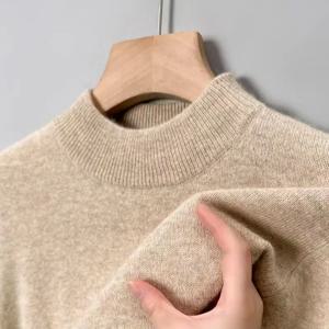 고급 순수 모직 스웨터 남성용 100% 순수 울 두꺼운 따뜻한 세미 터틀넥 라운드 넥 겨울 니트 바닥 풀오버 남성용