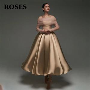 장미 골드 소프트 얼룩 이브닝 가운 a 라인 우아한 댄스 파티 드레스 오프 숄더 플리츠 웨딩 이브닝 드레스 가운 드 soirée 맞춤형