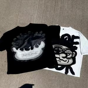 빈티지 빅 페이스 그래픽 프린트 코튼 티셔츠 남성 Y2K 여름 반팔 빈티지 오버 사이즈 Tshirt streetwear 여성상의