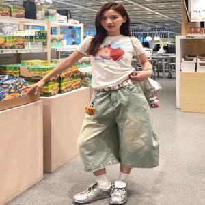 하이웨이스트 와이드 레그 숏 워싱 여름 캐주얼 청바지 여성 루즈핏 경량 데님 팬츠 테이퍼드 레깅스