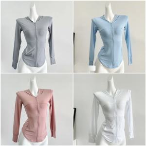 자외선 차단 UPF50+ 여름 아이스 센세이션 후드 햇빛 차단 탑 슬림핏 요가복 긴팔 지퍼 여밈