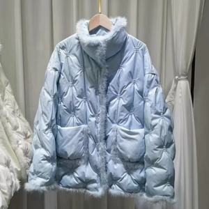 OFTBUY 여성용 화이트 덕 다운 코트, 밍크 퍼 재킷, 따뜻한 여성 스탠드 칼라 자수 다운 코트, 캐주얼 패션, 겨울