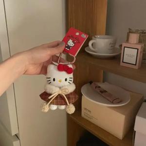 Sanrio 헬로 키티 만화 플러시 코트 망토 키 체인 소녀 여성 학교 가방 크로스 바디 가방 펜던트 액세서리 크리스마스 선물