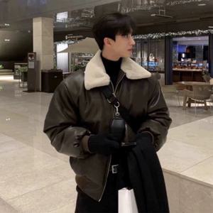 남성용 따뜻한 다크 브라운 블랙 두꺼운 가죽 재킷, 한국 루즈한 짧은 코트, 두꺼운 가죽 재킷, 길거리 패션, 겨울