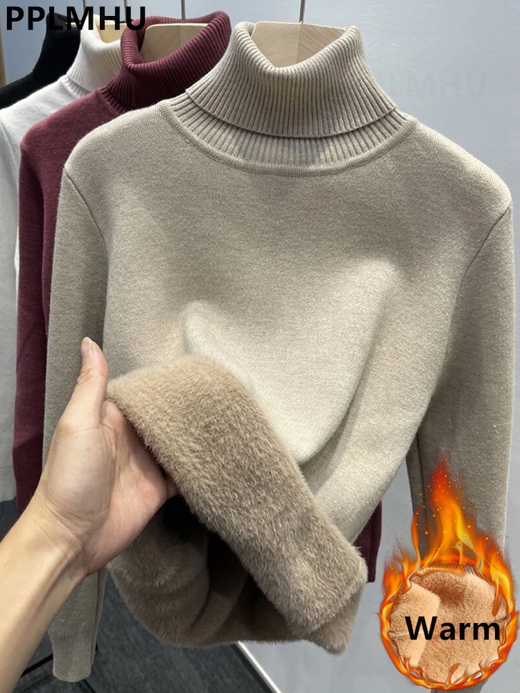 두꺼운 벨벳 터틀넥 스웨터 여성 한국 패션 줄 지어 따뜻한 Sueter 니트 풀오버 슬림 탑 겨울 저지 니트 점퍼