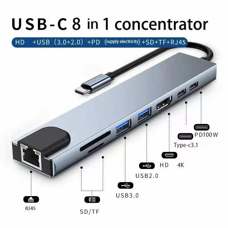 USB C 허브 8 In 1 Type C 3.1 ~ 4K HDMI 어댑터(RJ45 SD/TF 카드 리더기 포함) MacBook 노트북 노트북 컴퓨터용 PD 고속 충전