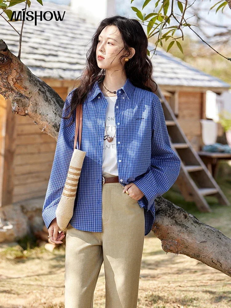 MISHOW 패션 레트로 블루 체크 무늬 셔츠 여성 가을 ​​새로운 느슨한 캐주얼 옷깃 코튼 셔츠 긴 소매 탑 여성 MXE11C0398