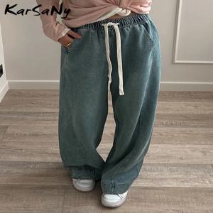 여성 여름 청바지 스트레이트 하이 웨스트 블루 느슨한 텐셀 청바지 넓은 다리 탄성 허리 얇은 데님 바지 여성 여름 긴 바지