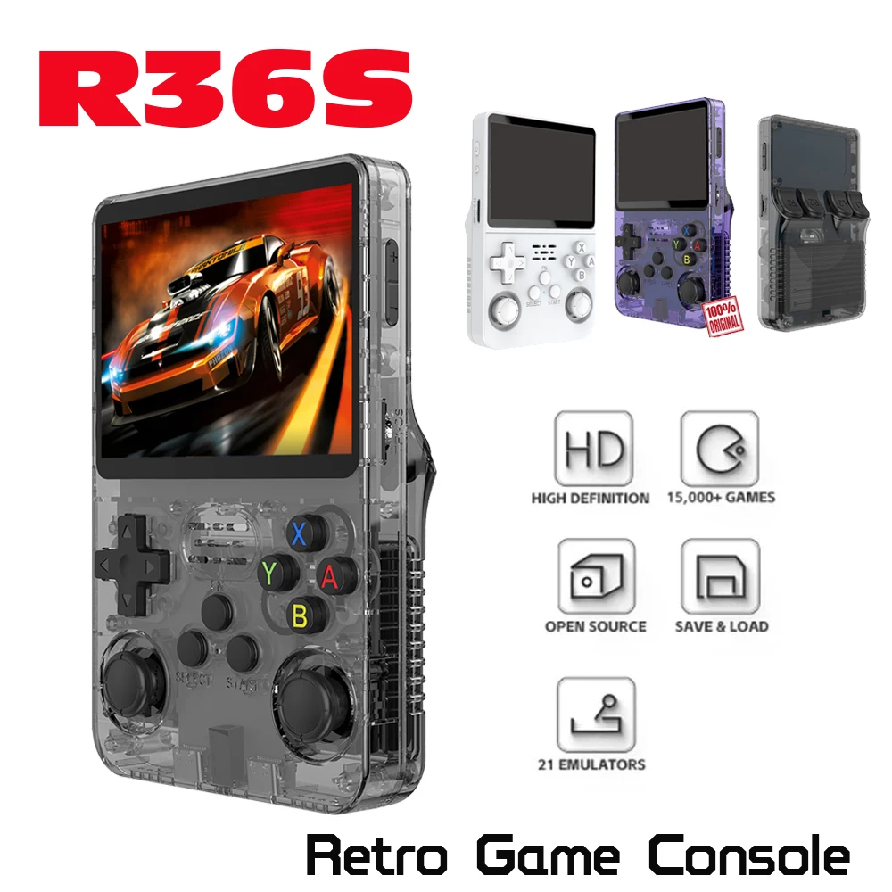 20000가지 게임 내장 R36S 레트로 게임기 3.5인치 리눅스 오픈소스 시스템 휴대용 게임기 64GB 어린이 선물용