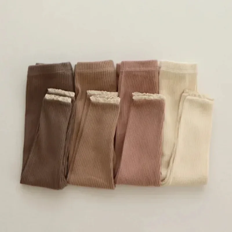 아기 골지 레이스 레깅스, 유아 캐주얼 코튼 바지, 솔리드 니트 팬츠, 키즈 보터밍 팬츠, 가을 신상