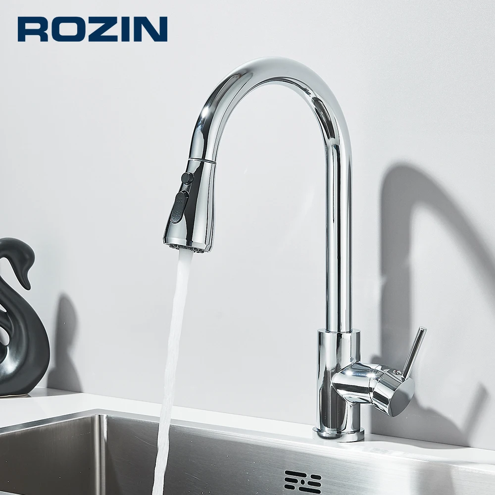 Rozin 크롬 주방 수도꼭지 데크 장착 풀 아웃 스파우트 주방 싱크 믹서 탭 단일 레벨 스트림 분무기 노즐 믹서 탭