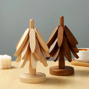 4개입 나무 디자인 스탠드 대나무 나무 받침대 장식용 방열 테이블 매트 코스터 우드 플레이스매트 냄비 받침