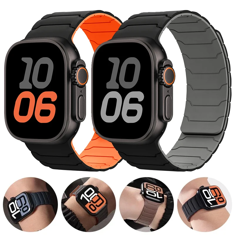 애플워치 울트라 2 밴드 49mm 44mm 45mm 40mm 42mm 46mm 41mm 38mm 마그네틱 실리콘 스트랩 iWatch 시리즈 10 SE 9 8 7 호환