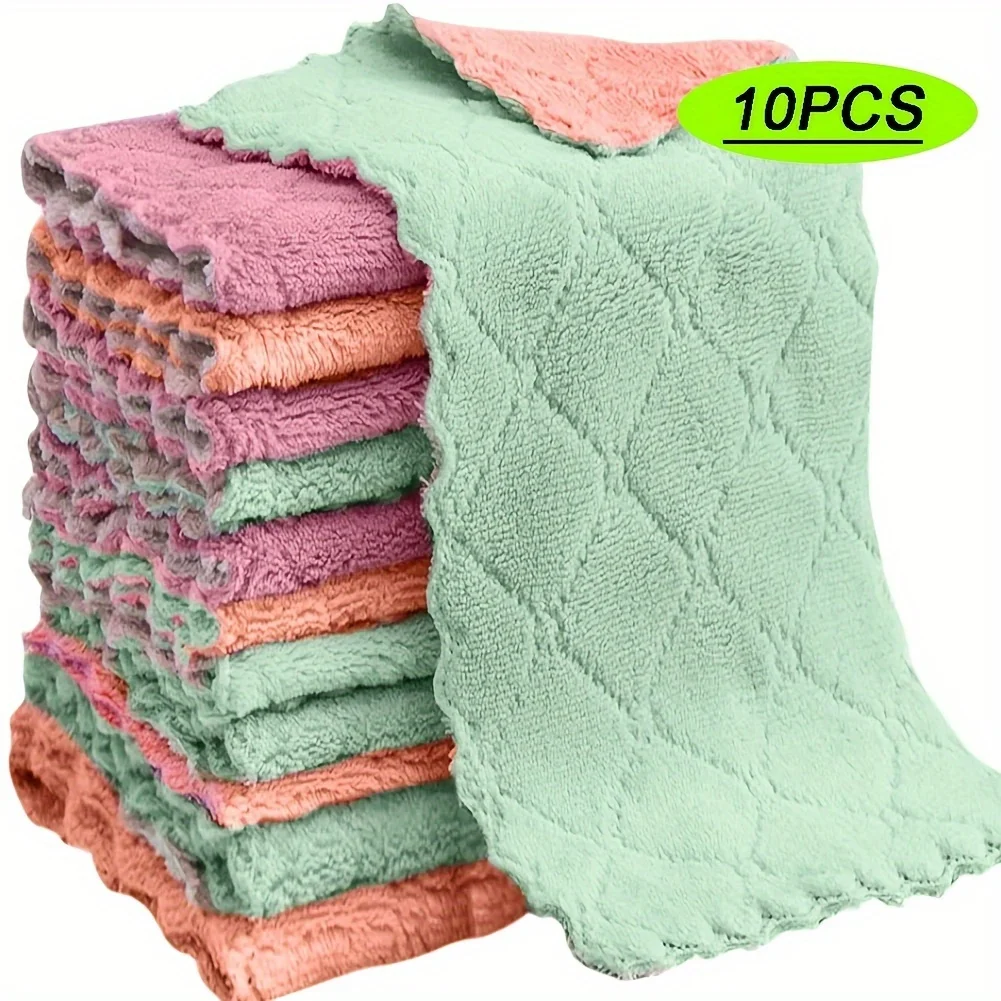 10pcs 청소 넝마 두꺼운 산호 양털 접시 타월 가정용 흡수성 비 흘리기 식기 세척 천 주방 용품
