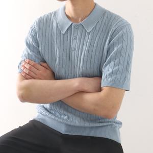 리먼 케이블 버튼 카라 반팔 니트 꽈배기 카라티 빅사이즈 ZZBKNS011