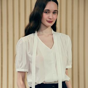 Tie Collar Shirring Half Sleeve Blouse - White