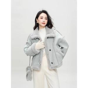 퍼 패치 디자인 감각 도톰 라이더 여 겨울 루즈핏 캐주얼 차이나 블루 코트
