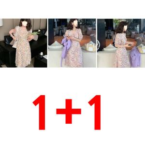 1+1  여름 신상 브이넥 플라워 쉬폰 원피스 미디 유화 스커트