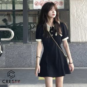 크레스티 여성 깔끔 카라 미니 원피스 반팔 데일리 빅사이즈 원피스