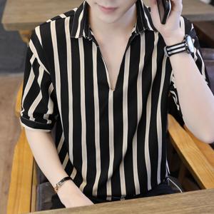 여름 남성 티셔츠 브이넥 세로 줄무늬 루즈핏 편한 데일리 캐주얼 반팔티 빅사이즈 C88