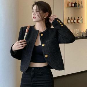 아우터 숏 정장 상의 여성용 봄 가을 세미정장 라운드넥 클래식 긴팔 트위드 자켓