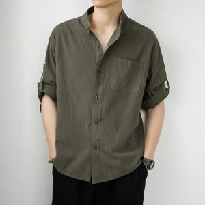 남성 린넨 셔츠 남방 7부 소매 헨리넥 원포켓 무지 루즈핏 상의 봄 여름 베이직 빅사이즈 M~5XL