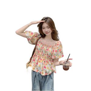 플라워 반팔 블라우스녀 여름 신상 프렌치 네모난 퍼프 소매 허리 셔츠 짧은 상의녀