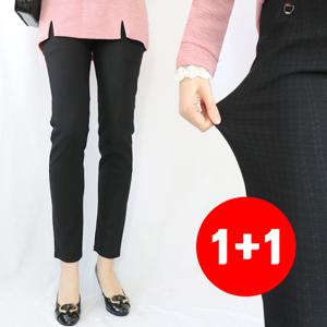 1+1 50대 중년여성 봄가을 체크무늬 스판바지 빅사이즈 엄마바지 밴딩팬츠