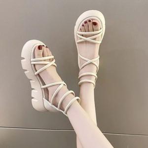 레더 더블 크로스 스트랩 하이탑 통굽 여자샌들 휴양지 해변 직장인 데이트 키높이 5.5cm
