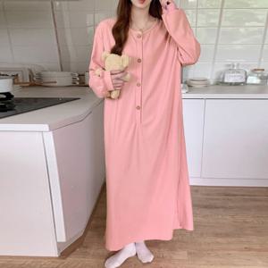 besteffie 여성 홈웨어 가을용 라운드넥 면100% 루즈핏 파자마 긴팔원피스 빅사이즈 잠옷 원피스 C55