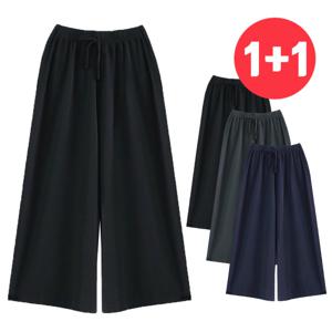 1+1 시원한 여름 스판 와이드 밴딩팬츠 빅사이즈 고무줄 통바지 살에 달라 붙지 않는 까실이원단