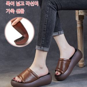 여성 통굽 샌들 송편 통굽 일자 미디엄 힐 단색 슬리퍼 웨지힐 여 쿨러 가죽 샌들 편안하게 착용하고