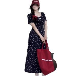 순욕풍 꼬임 레이스 반팔 프렌치 플라워 스커트 조임 A라인 원피스