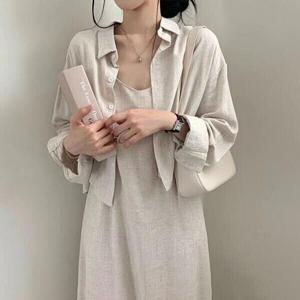 DFWSO인기 있는GAGA데일리 린넨 셔츠 끈나시 원피스 투피스 빈티지 봄여름 캐주얼 블라우스 세트