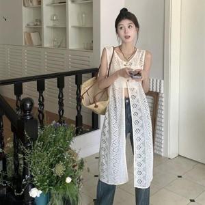 여성 베스트(조끼)/여성 그물조끼 루즈핏 펀칭 니트 메쉬조끼 여름 시원한 손뜨개 빅사이즈 롱베스트 F23