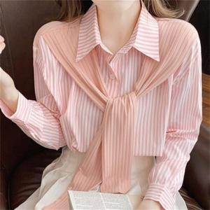여성 셔츠/여성셔츠 봄 가을 카라넥 루즈핏 스트라이프 에쁜 고급스러운 달콤한 빅사이즈 남방셔츠 4컬러