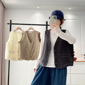 빅사이즈 여성의류 초가을 신상 베이직 톱스티치 V넥 베스트 - 100kg 플러스사이즈 캐주얼 슬리브리스 탑