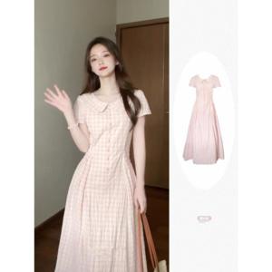프렌치 핑크 체크 스커트 여성 여름 반팔 스커트 귀엽고 고급스러운 디자인
