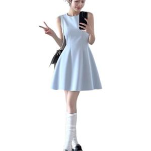 블루 민소매 원피스 여여름 절묘 예쁜 스커트 도파민 a라인 허리띠 졸라매기 스커트 코디