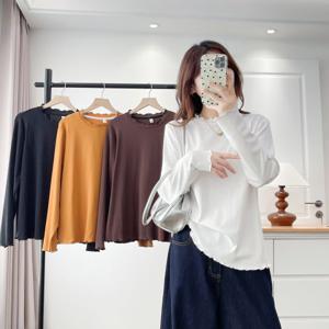 빅사이즈 여성의류 초가을 신상 미니멀 프릴 장식 긴팔 레이어드 탑 - 100kg 플러스사이즈 캐주얼 내의